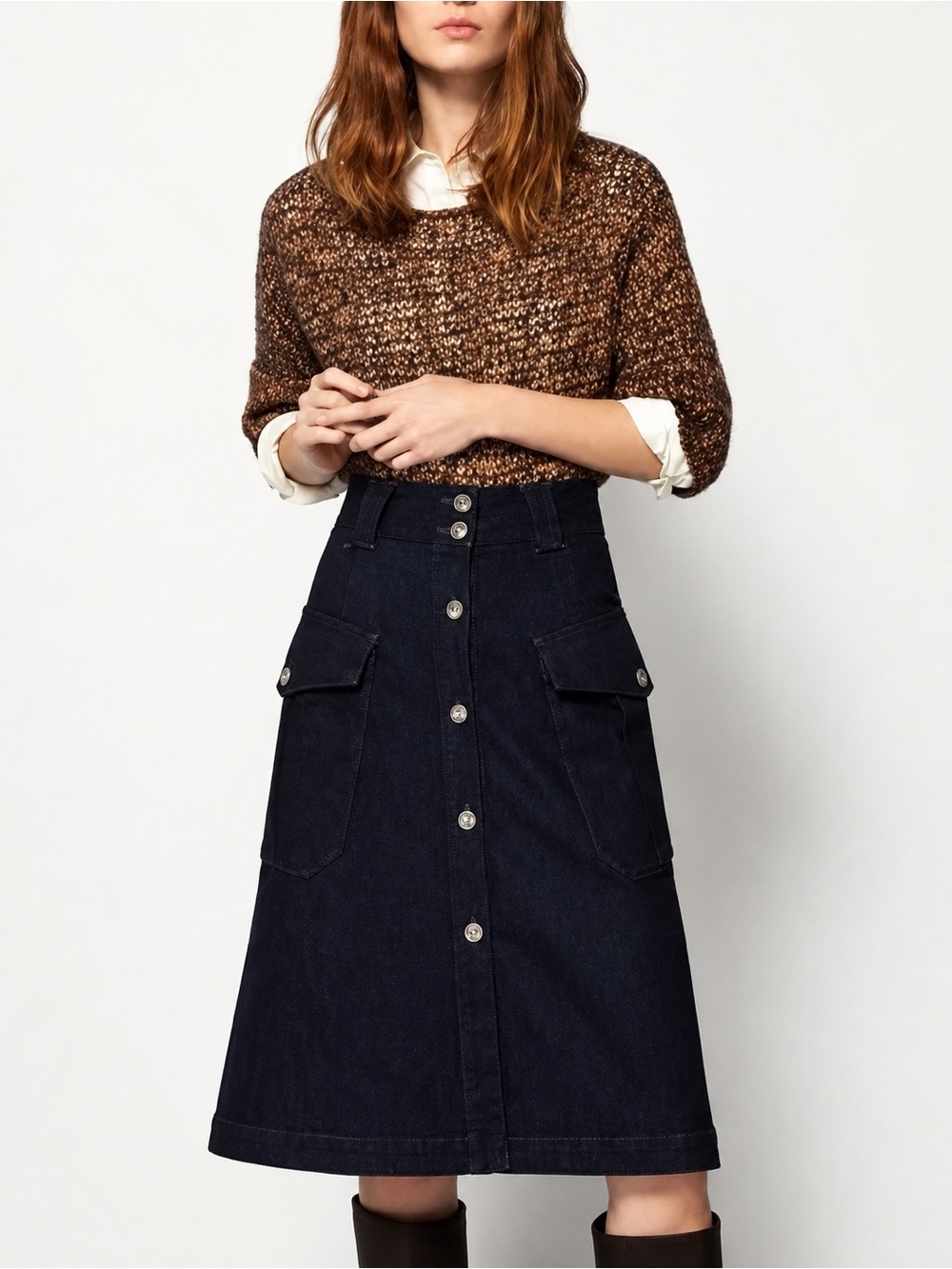 Massimo Dutti Dark Indigo Denim Cargo Utility Midi Skirt 8 70s Revival, Heritage